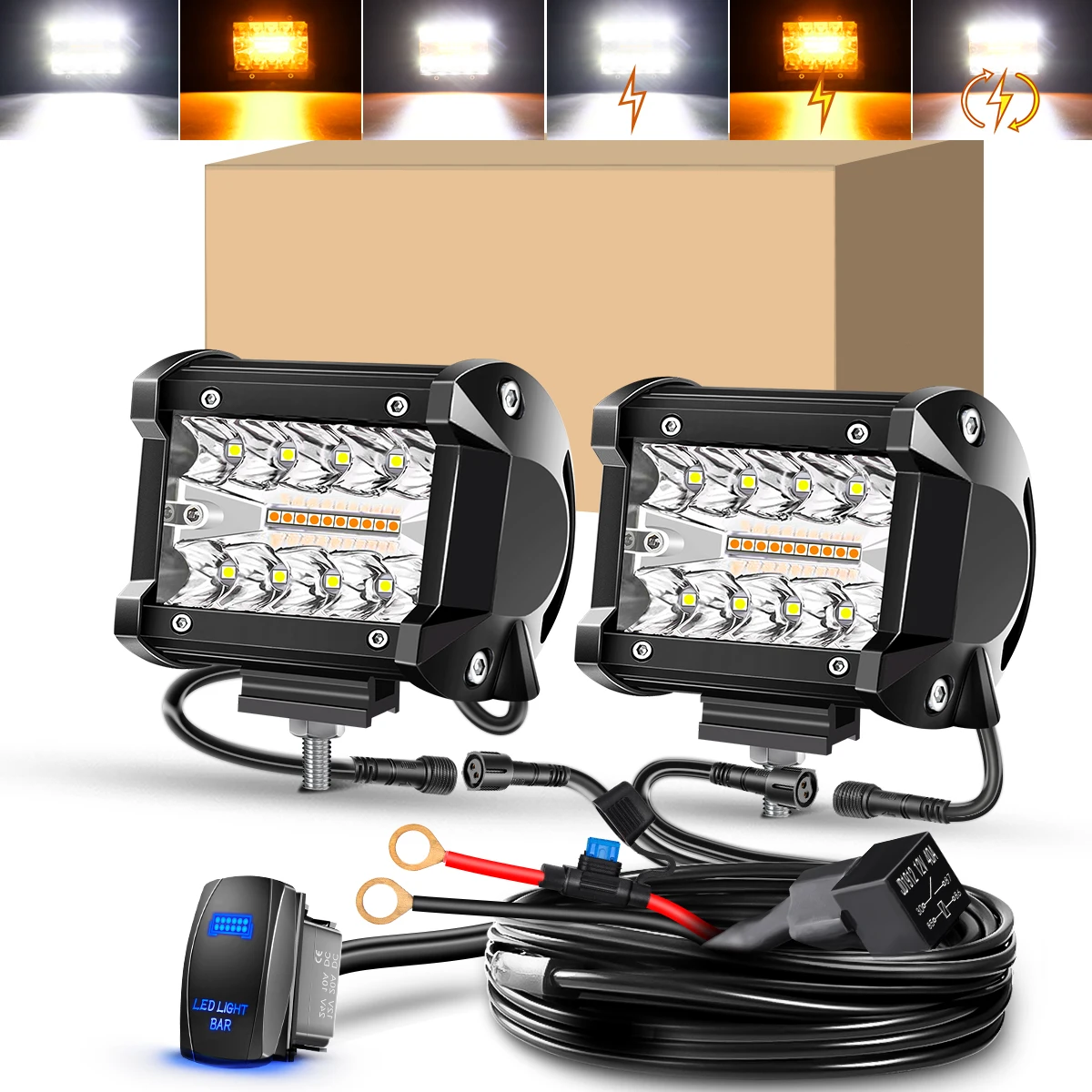

2PCS 4Inch LED Pods Spot Flood Amber White Light Bar Strobe 6 Modes Memory Function Off-Road Truck Car ATV SUV Cabin Boat