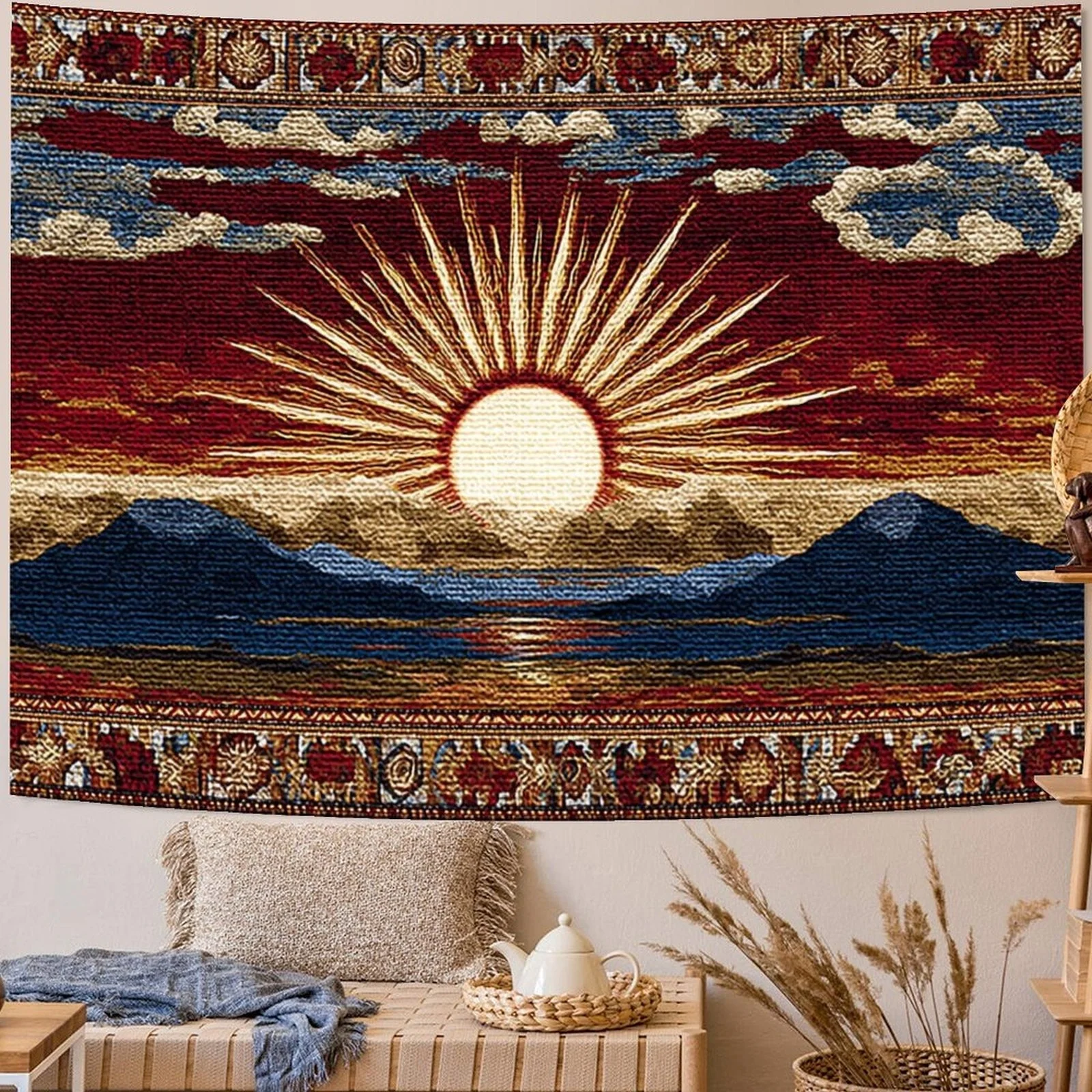 VIKAMA Bohemian Vintage Sunrise Mountain Tapestry Medieval Weaving Wind Sun God Printed Retro Style Vintage Decor