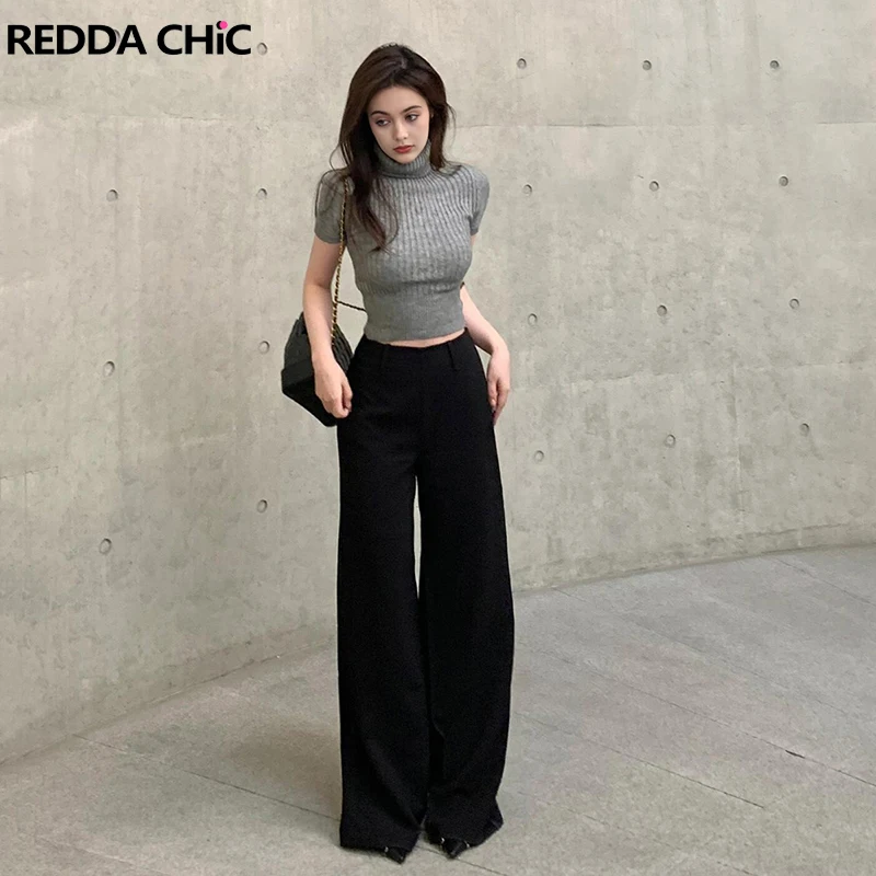 REDDACHiC Women Hooks & Eyes Black Pants Plain Casual Wide Straight High Waist Draped Long Trousers Office Work Female Clothes