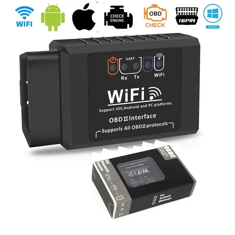 Автомобильный детектор неисправности ELM327 WIFI V1.5 поддерживает Android и Apple OBD2 Box Автомобильный Диагностический прибор черного цвета