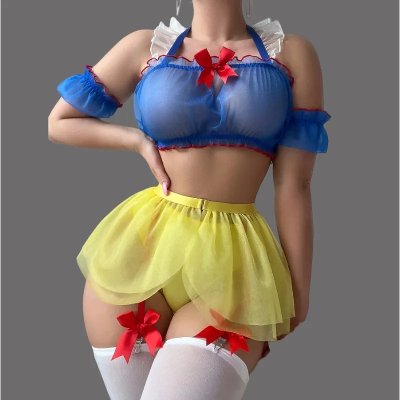 

Sexy Lingerie Sets Women Erotic Cosplay Maid Costume Transparent Mesh Fantasy Roleplay Outfits 5 Pieces Garter Belt Exotic Sets