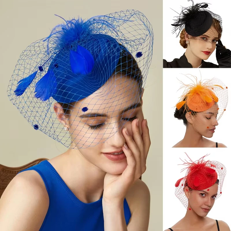 Womens Felt Fascinator Hat Fishnet Veil Small Plush Wave Point Decor Hair Clips Wedding Bridal Cocktail Headwear Fasciantor