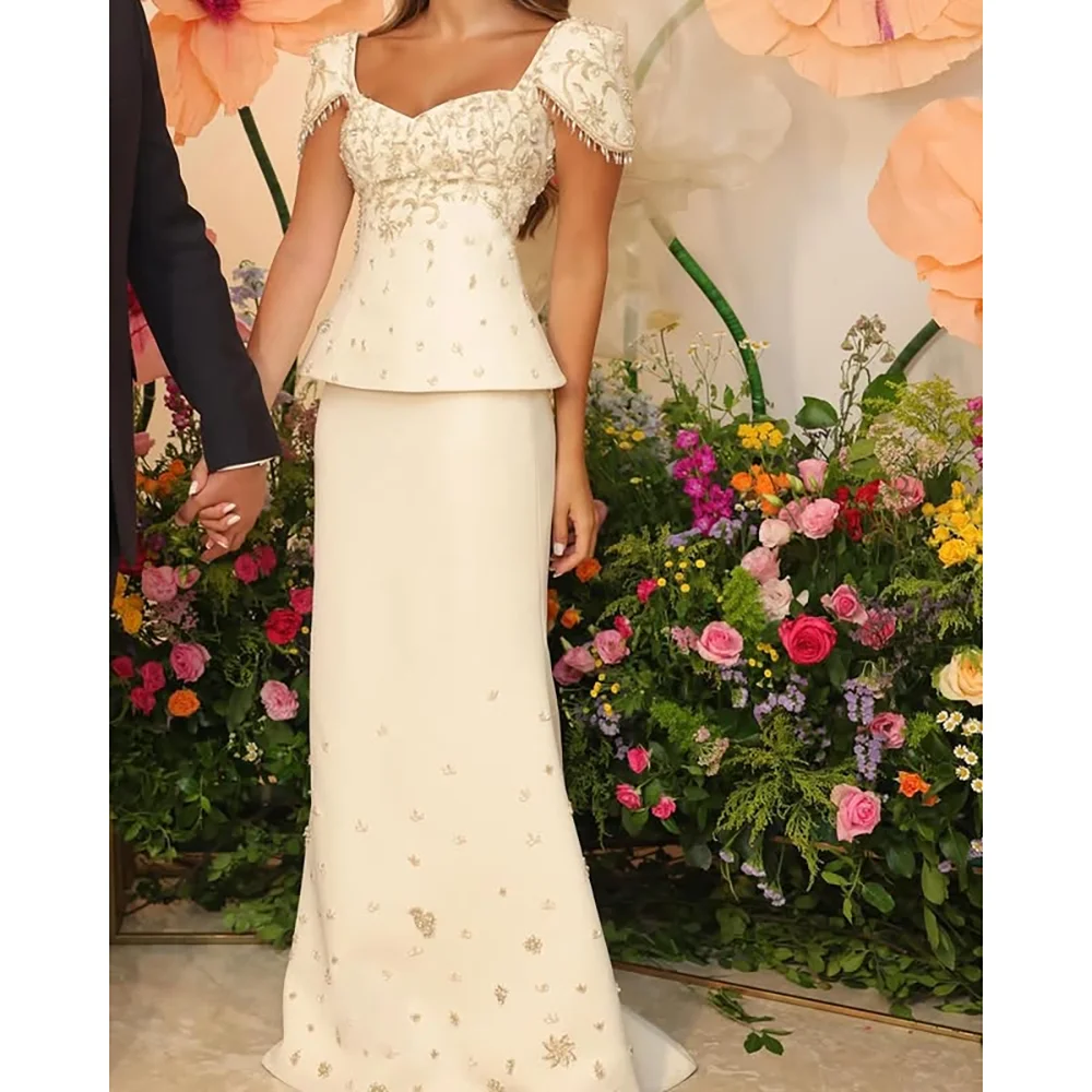 فستان حفلات الزفاف للنساء رقبة على شكل قلب وأكمام قصيرة كريستال حورية البحر طول الأرض فستان سهرة فاخر دبي مخصص