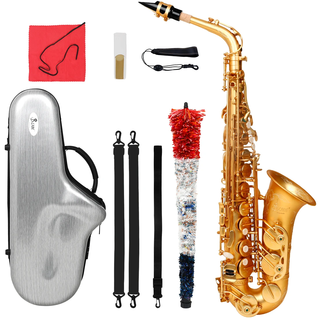 

SLADE Alto Saxophone with E-flat Tone Brass Tube Body Hite Shell Button Saxophone with Box Cleaning Set Strap Reed Accessories