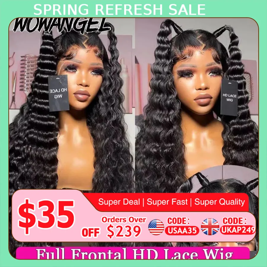 Wowangel 13x6 HD Kant Frontale Pruik Losse Diepe Golf Pruiken Melt Skin 34 inch HD Kant voor Menselijk Haar Pruik Braziliaans Haar Pre Geplukt