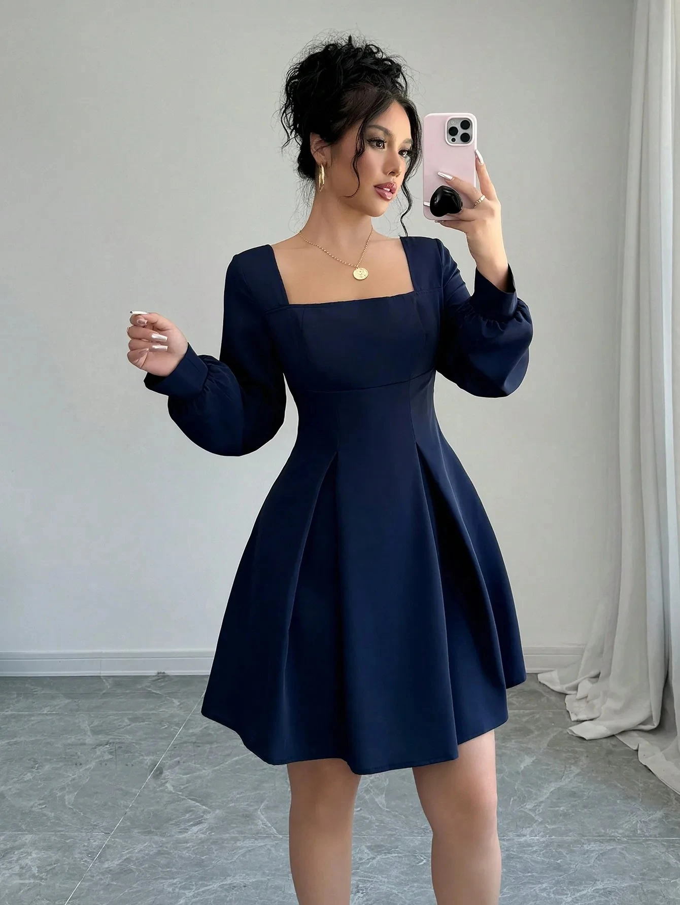 

Autumn new cross-border foreign trade long sleeved dress with square collar and waist cinching