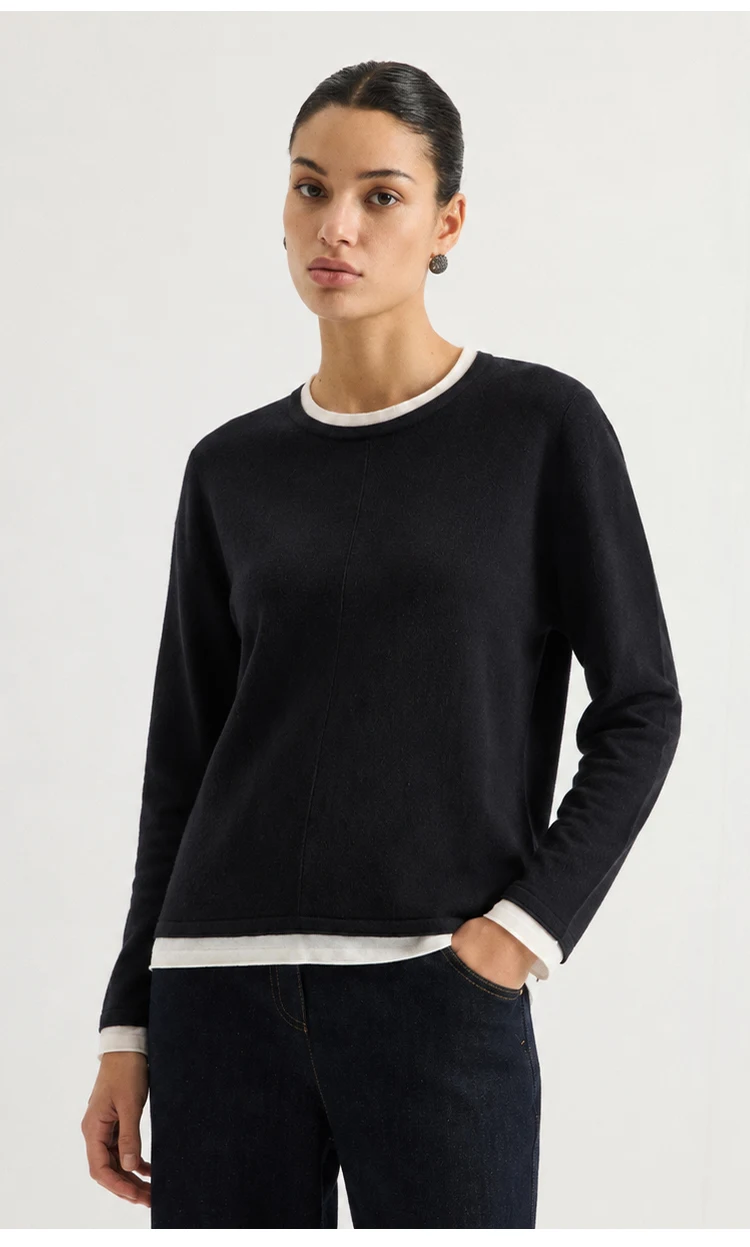 ML62039 Damen-Strickpullover mit Rundhalsausschnitt, Langarm, Zweiteiler-Optik, Kontrastfarbener Besatz, Lässiger Pullover für Herbst und Winter – Detail 3