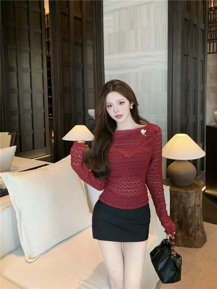 

2025 Spring Pure Lace Shirt Women Gentle Hollow Out Slim Waist Sheer Solid Blouse Spicy Girl Long Sleeve Y2k Short Tops