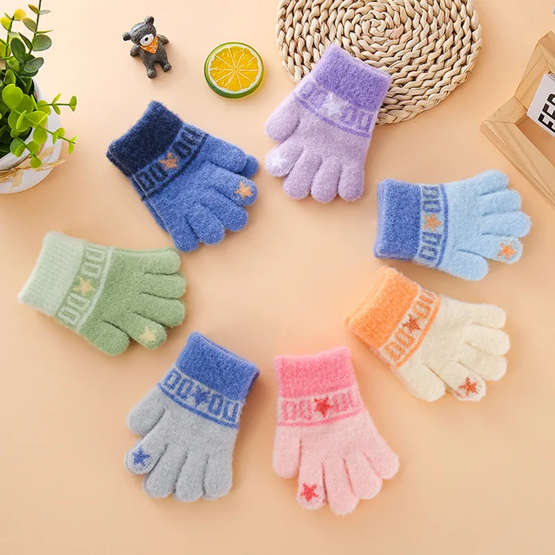 Gloves Winter Warm Knitted Wool Five Finger Cartoon Cute Gloves Thermal Soft Cozy Fleece