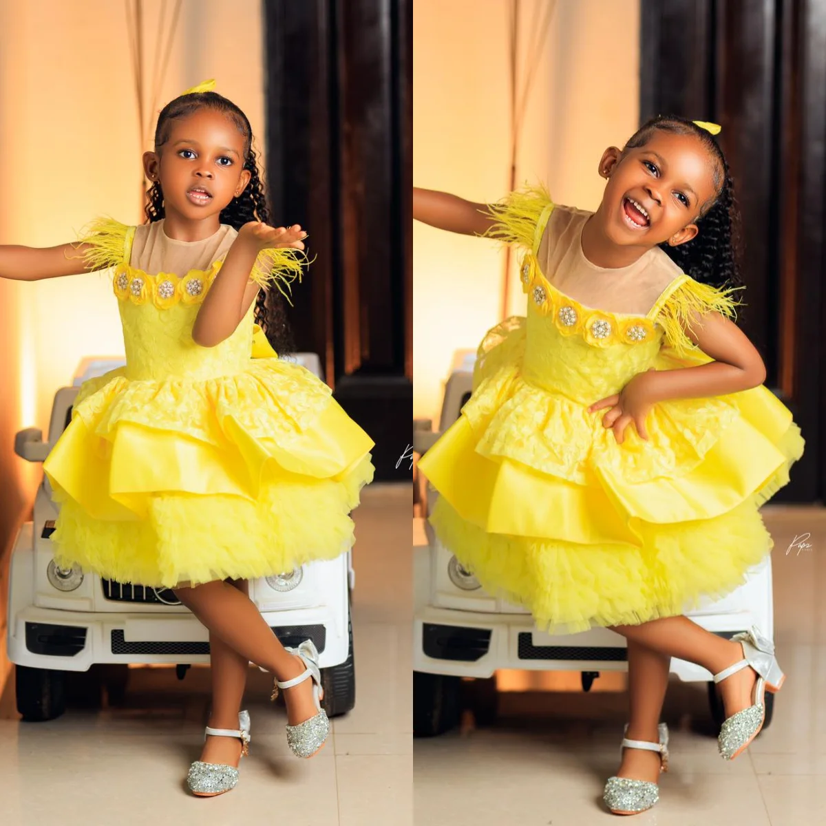 

Yellow Father Flower Girl Dresses Ruffles Beading Knee Length Girls Birthday Photos Shoot Prom Gowns for Party