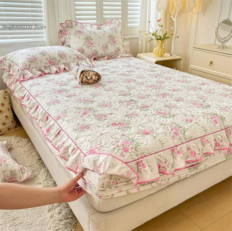 Pure Cotton Bedsheet Cover 100% Cotton Mattress Protective Cover Dust-Proof All Inclusive Lace Bed Cover