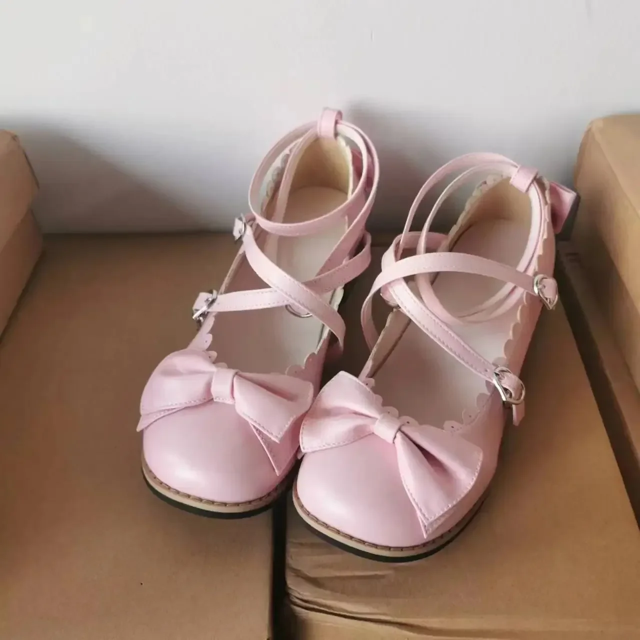 HoneyCherry NEW Lolita Shoes Princess Shoes Students Lovely Shoes Women Flats Low Round With Cross Straps Bow