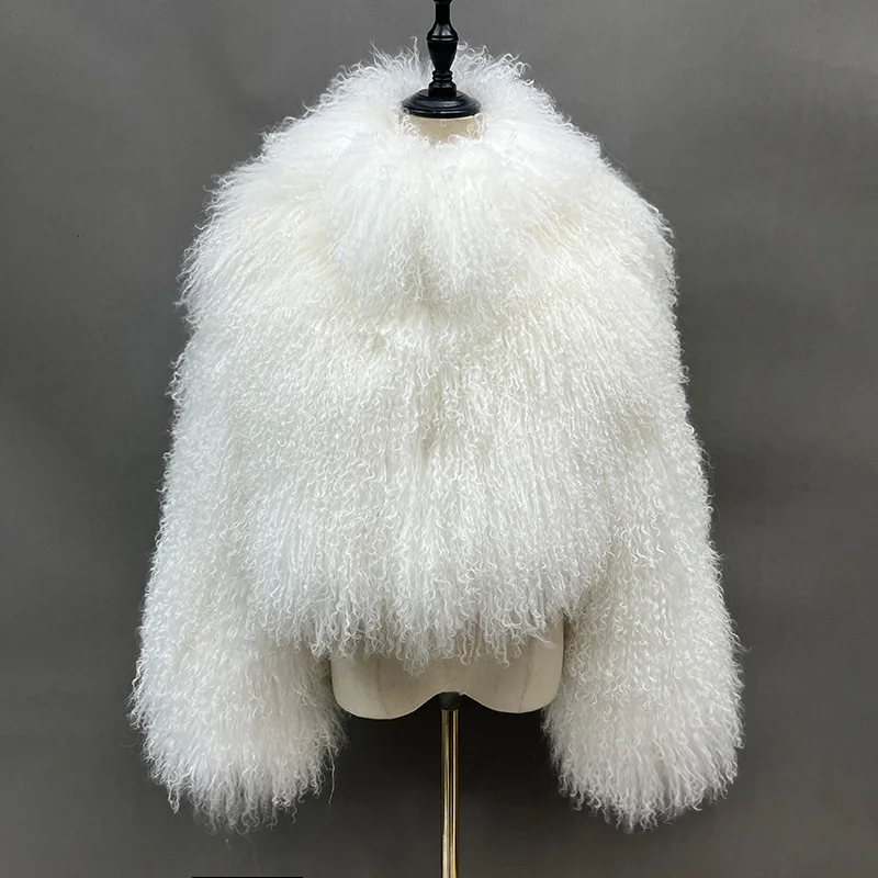 Lady Luxury Mongolian Sheep Fur Coats Winter Thick Warm Women Stand Collar Crop  Jacket Natural Fur Coats