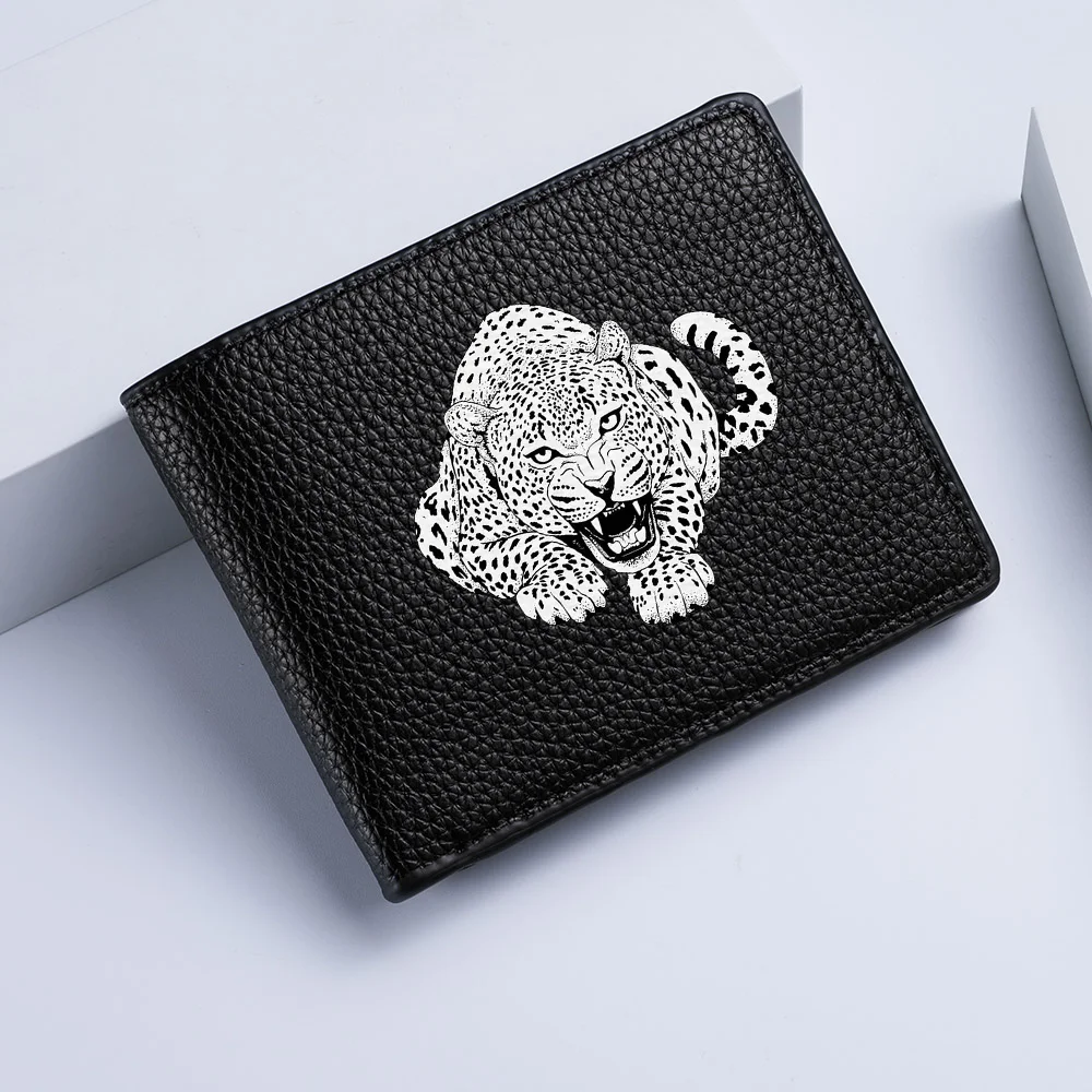 Men's Mini Short Wallet Leopard Pattern Multi-Slot Zipper Coin Wallet Credit Card Holder Compact Money Pouch