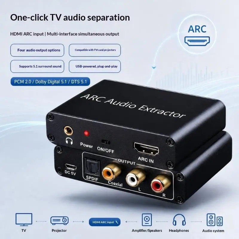 192KHz ARC Audio Extractor -compatible ARC To Optical Coaxial  3.5mm Jack Converter For HDTV Speaker Soundbar Headphone