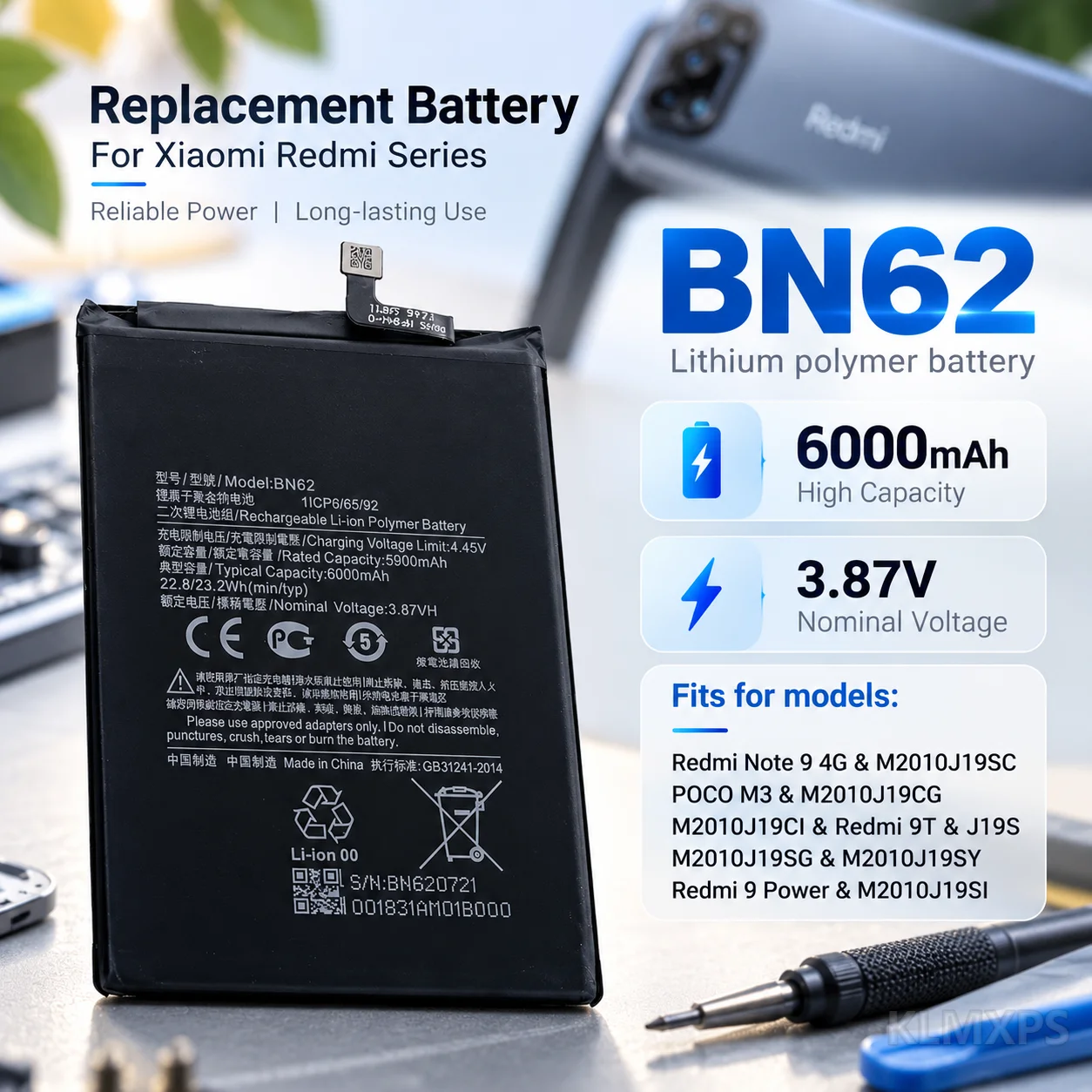 Phone Replacement Battery BN62 6000mAh For Xiaomi Redmi Note 9 4G, Poco M3, Redmi 9T and Redmi 9 Power Mobile Repair Battery