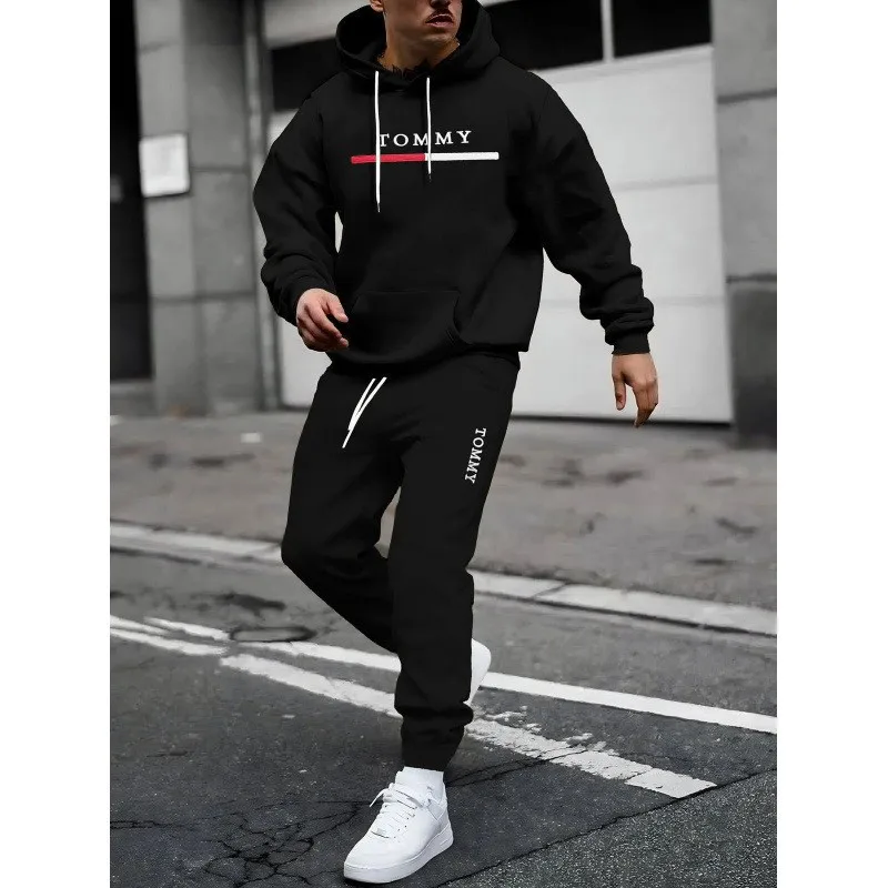 

2025 fashionable cross-border winter new men's pullover hooded set, printed logo letters, loose-fitting hooded jacket