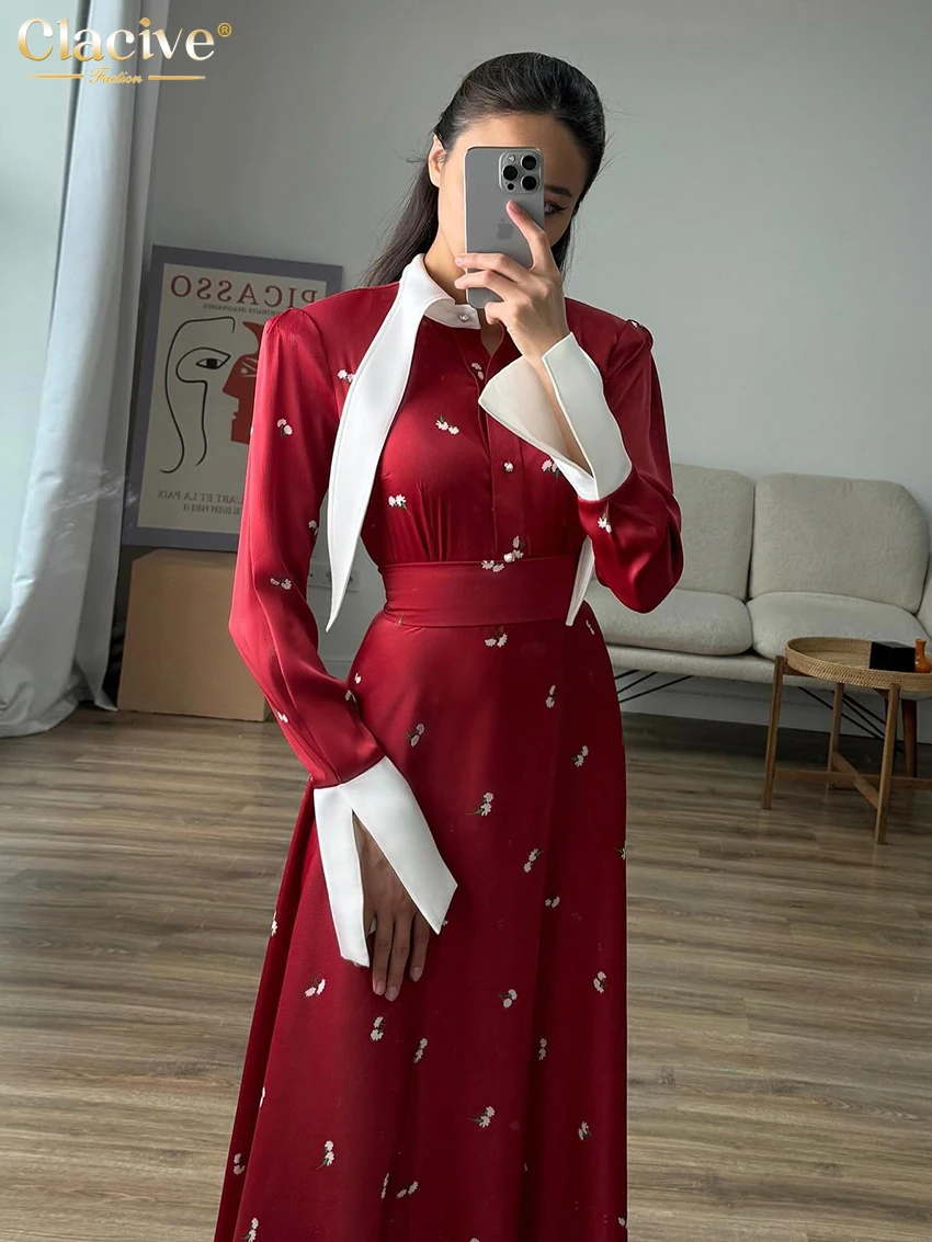 Clacive Fashion Loose Print Women\'s Dress Elegant Lapel Long Sleeve Ankle Length Dresses Casual Classic High Waist Female Dress