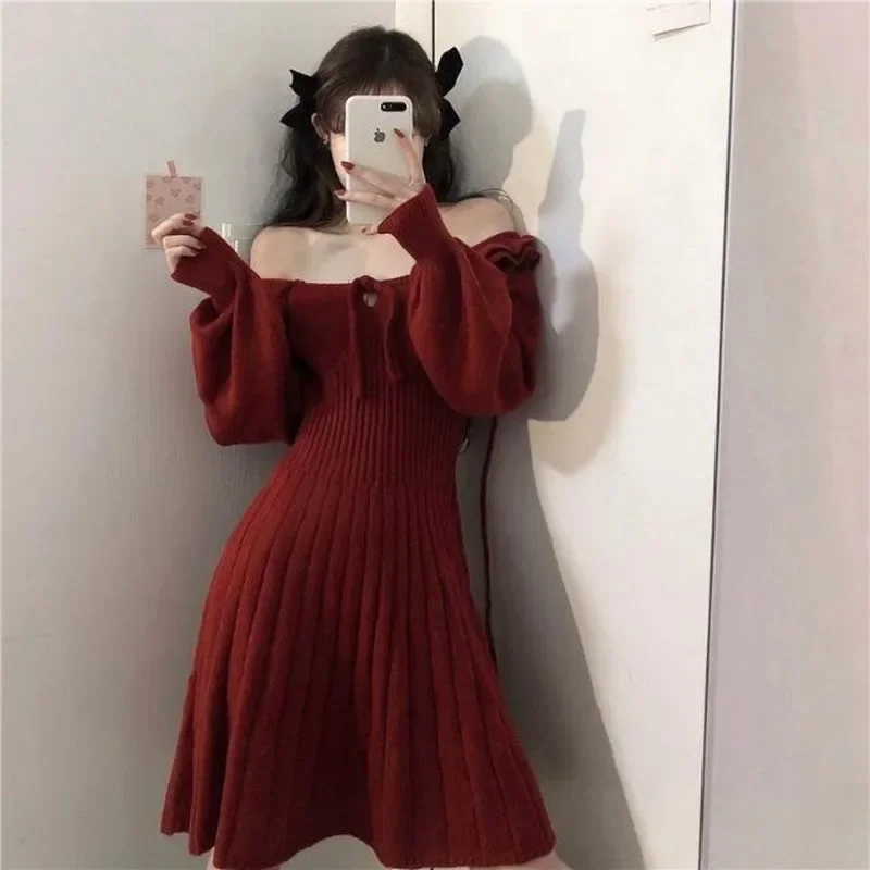 2025 Sweet Knitted Dress Women Autumn Winter Elegant Dress Female Red French Style Party Dress Clothes Lady