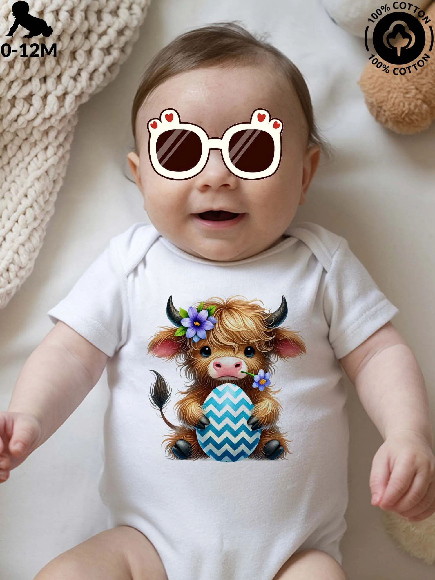 

Little Cattle And Big Easter Egg Unisex Baby Crawling Suit, Pure Cotton Soft Onesie, All-Season Wear White Bodysuit 190GSM