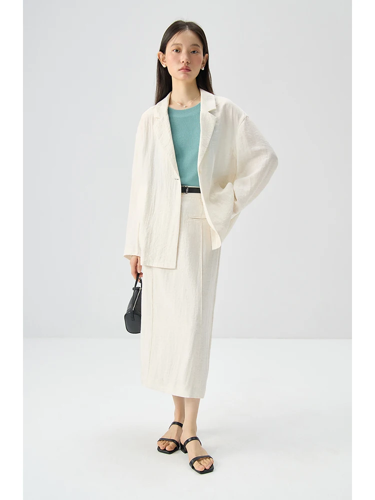 ZIQIAO Linen Solid White Cleanfit Women Suit 2024 Summer New Design Thin Office Lady Blazer Long Skirt 24ZQ92401 24ZQ92285