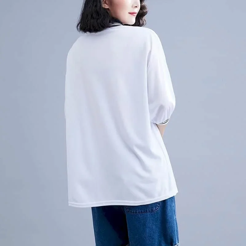 Popวรรณกรรมเสื้อยืดผู้หญิงเสื้อโปโลคอเสื้อลําลองหลวมเกาหลีแฟชั่นครึ่งแขนVINTAGE Aestheticเสื้อผ้าแนวโน้ม