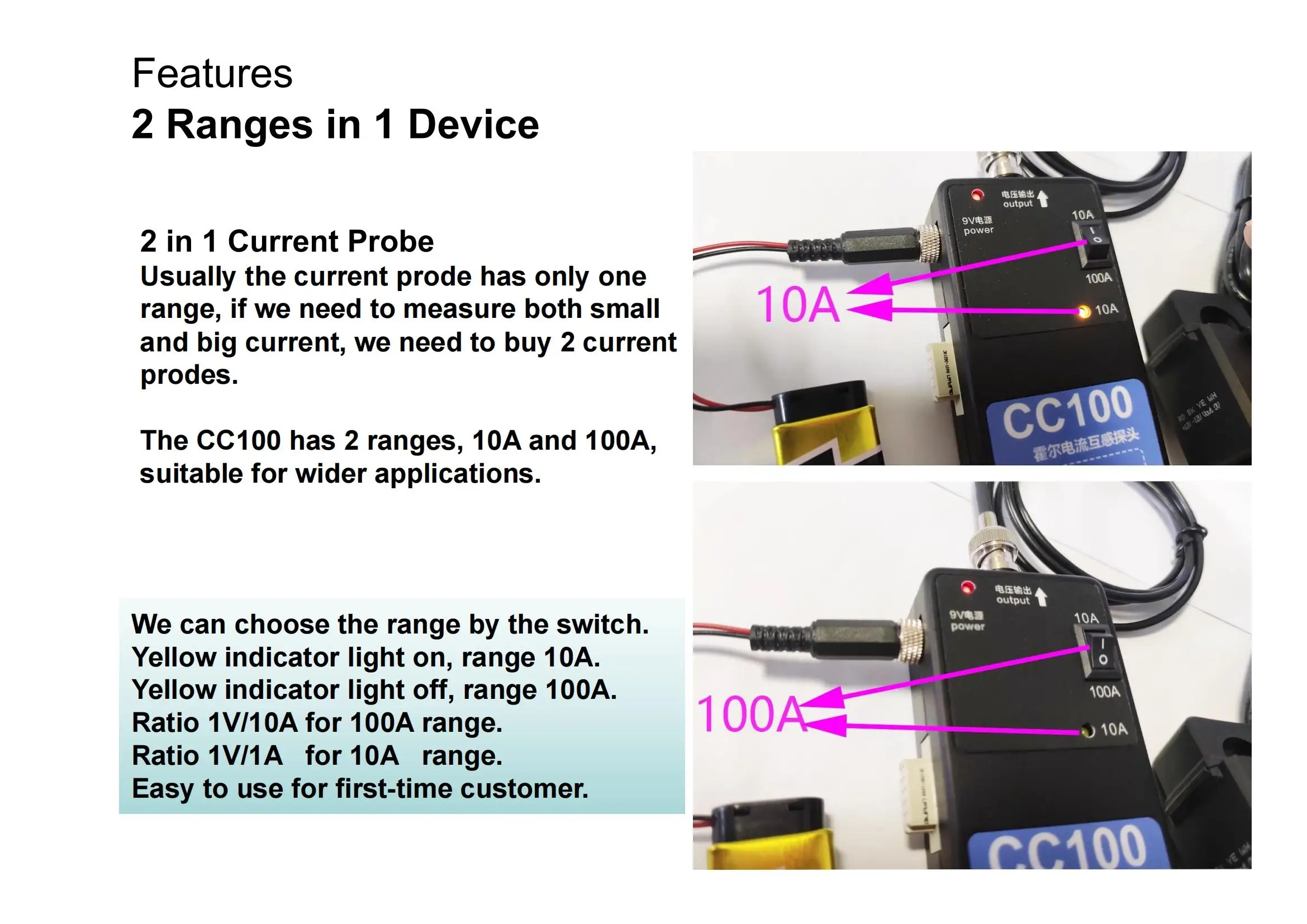 LOTO CC100 Current Clamp Probe - DC to 50KHz, Universal Oscilloscope Compatibility
