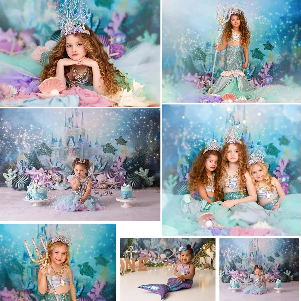 Bluey Mermaid Baby Shower 1st Birthday Backdrop For Photography Underwater World Portrait Photo Background Kid Photo Studio