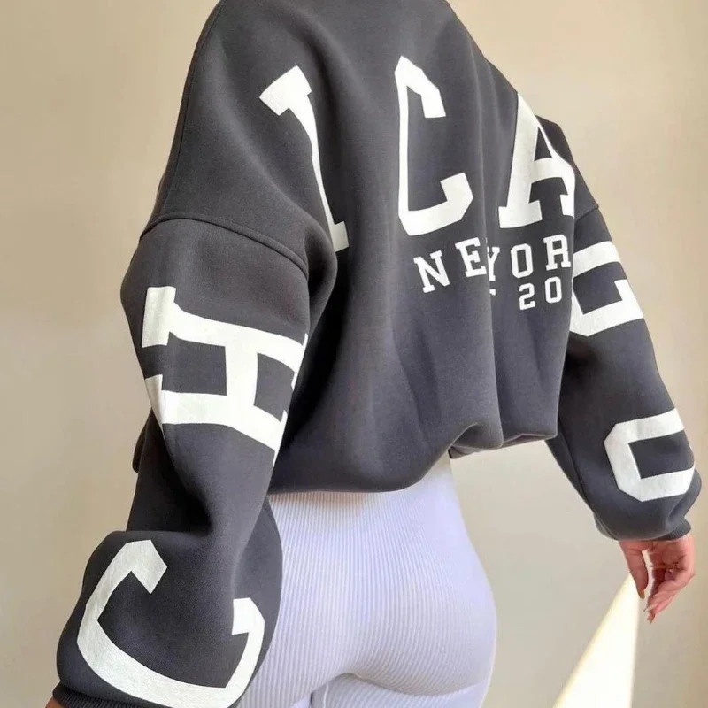 Casual Letters Print Sweatshirt Women Fashion Fleece Long Sleeve Loose Hoodies Y2k Streetwear 2023 Autumn Winter Lady Pullovers