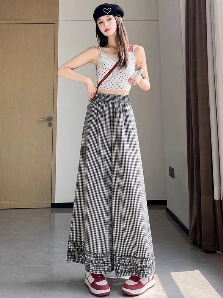 Women Summer Linen Trousers 2026 New Collection High Waist Plaid Wide Leg Pants Casual Loose Korean Fashion