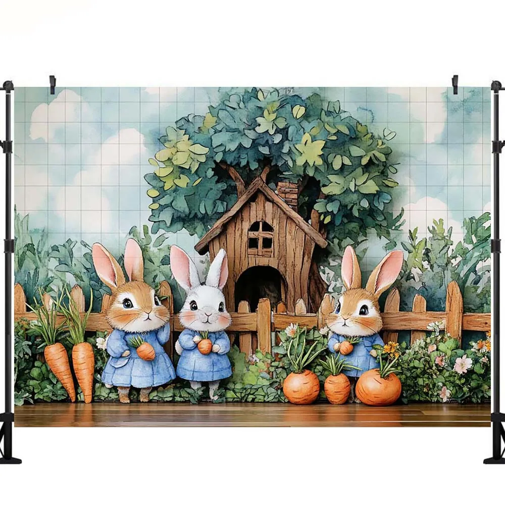 LS Easter Rabbit Backdrop for Photo Studio Wooden House Carrots Tree Background Spring Little Bunny Birthday Party Shoot Props