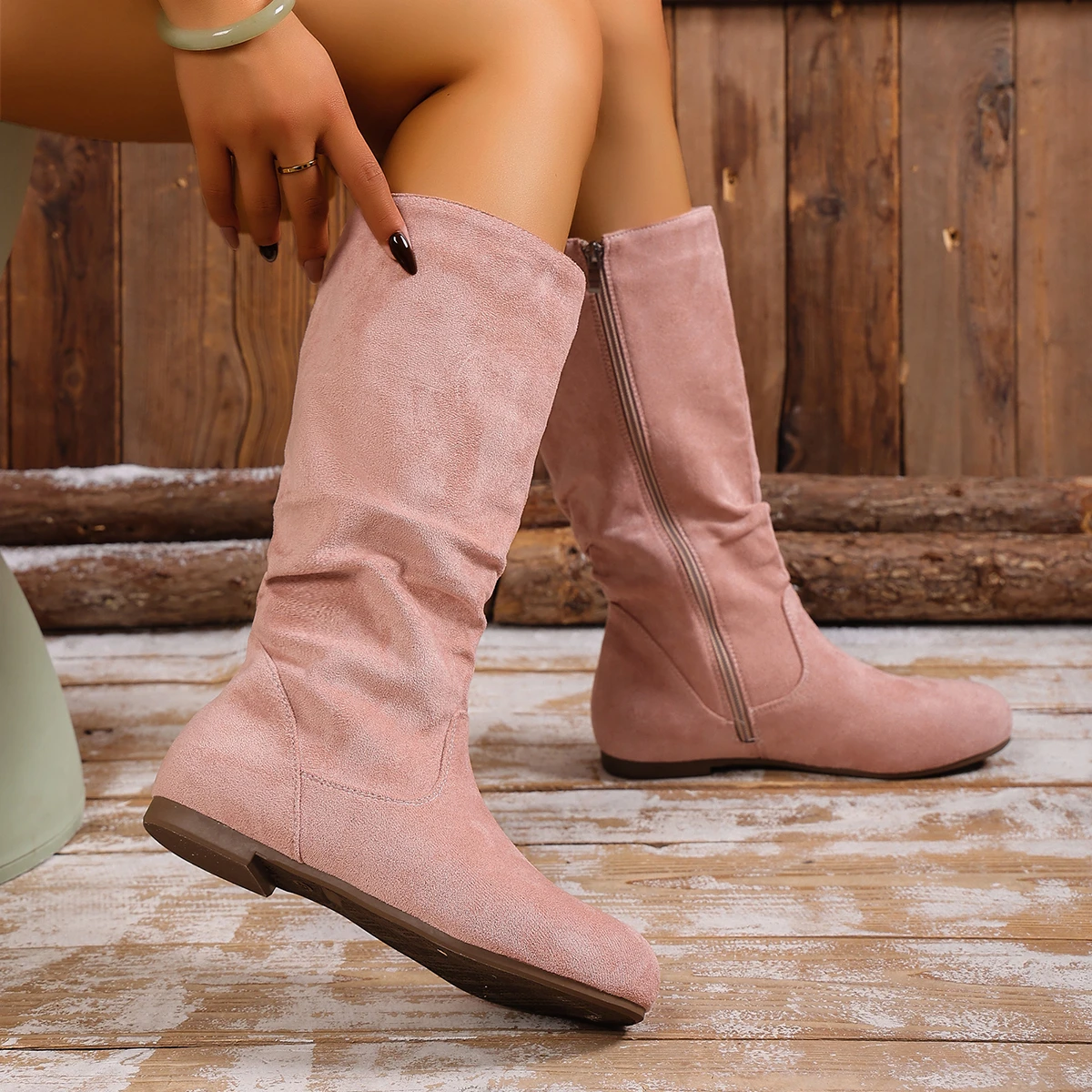 Heißer Verkauf Damen Stiefel Side Zip Mittlere Waden Stiefel Trend Wildleder Frauen Flache Stiefel Luxus Plus Größe Frauen Schuhe Hohe Qualität Botas Mujer – Detail 17