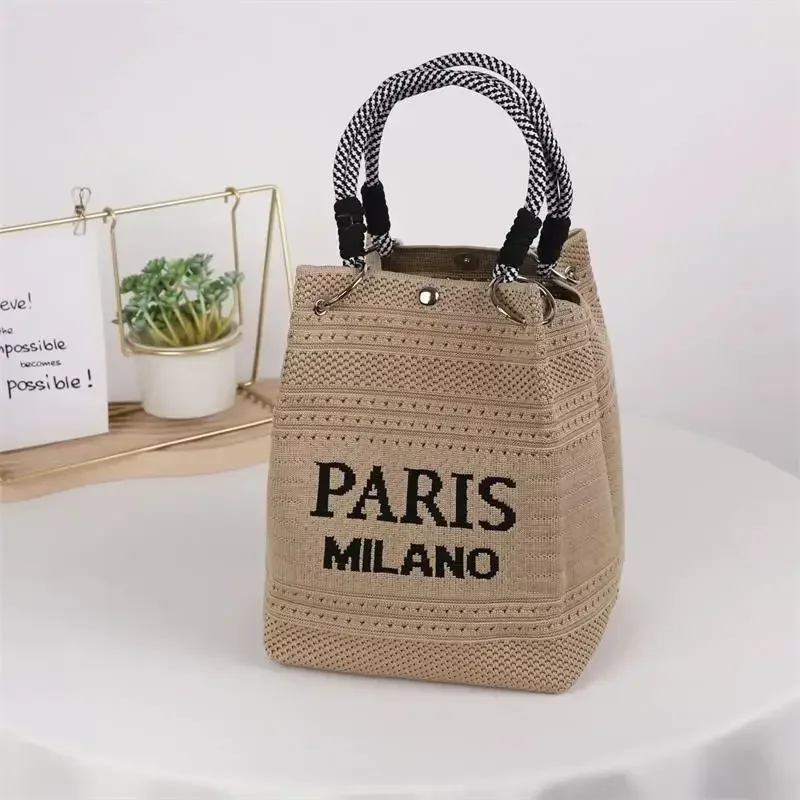 Letter Print Hollow Knit Bucket Bag Women Lightweight Woven Handbag Fashion Small Tote Bag Casual Commute Square Shoulder Bag