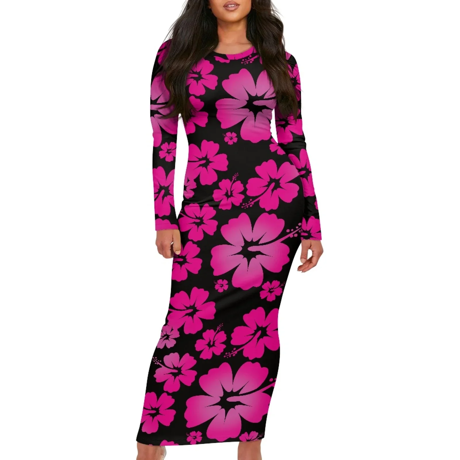 Polynesian Tribal Fijian Totem Tattoo Fiji Prints New Style Women's Slim Long-Sleeved Dress Elegant Party Plumeria Long Dresses