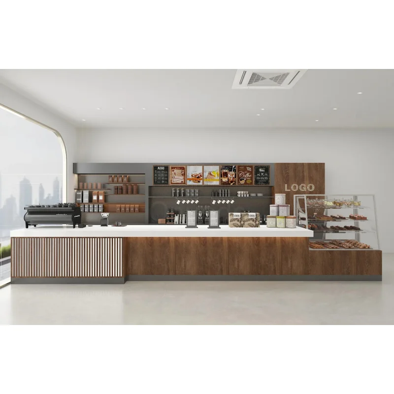 custom.Customizable High-End Coffee Shop Counter One-Stop Full Design in Stainless Steel & Wood Cafés and Mall Retail