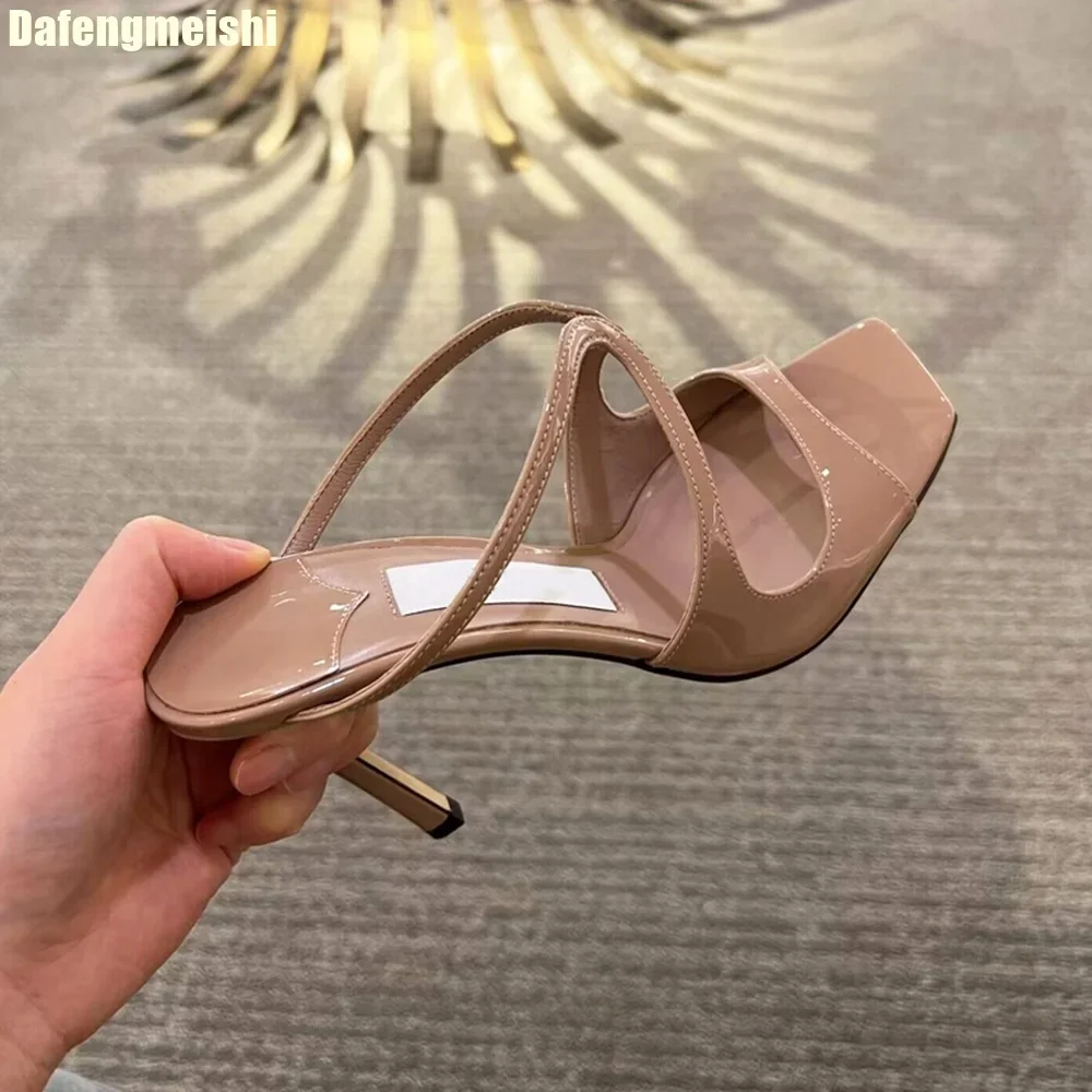 Nude Patent Leather Fashion Sandals Women's Thin Heel Square Toe Slippers 2026 Summer Outdoor Slip On High Heels Open Toe Shoes