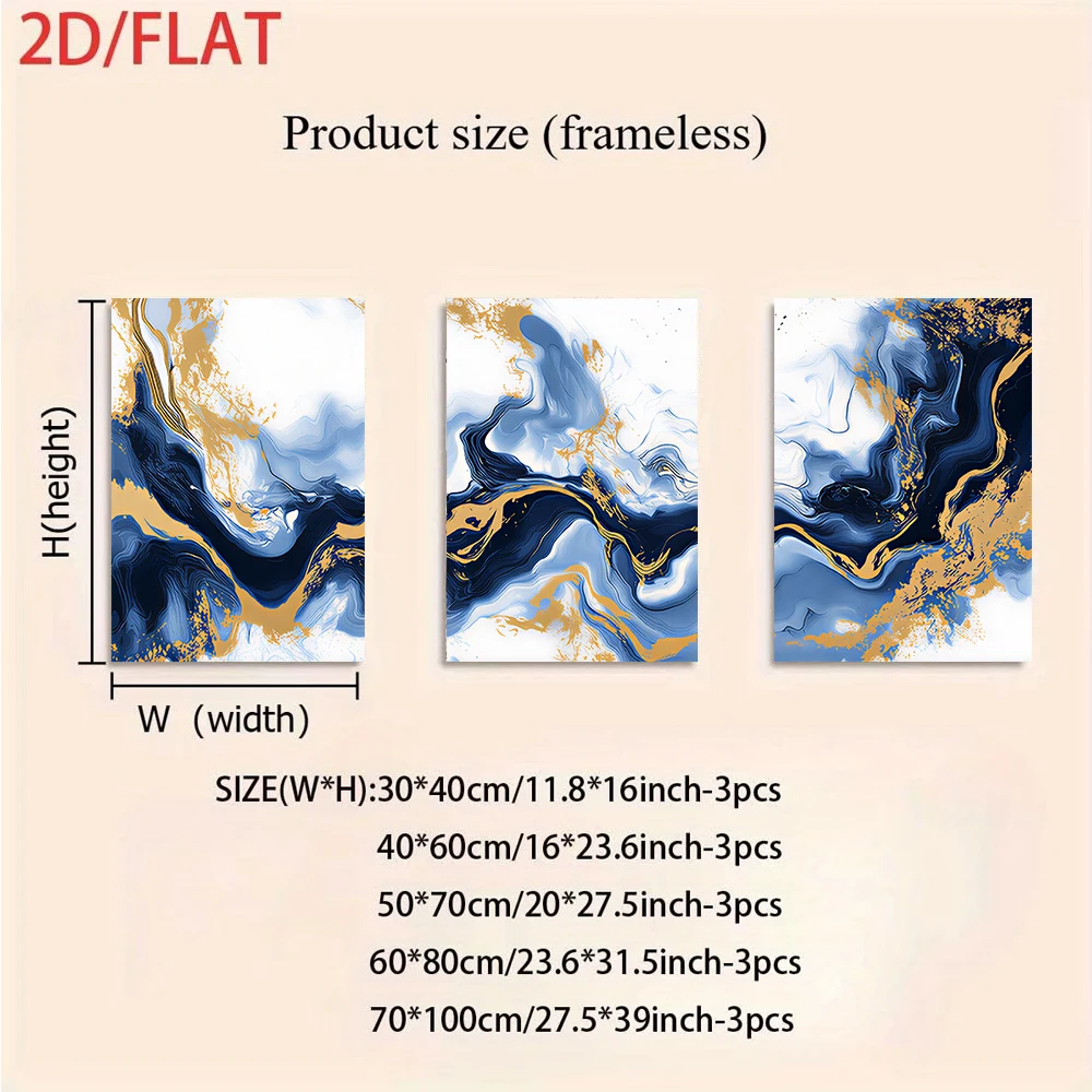 3PCS Large-sized frameless canvas paintings,1 set of modern abstract frameless triptych decorative paintings, blue gold flowing