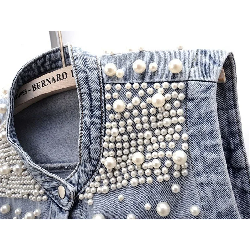 Summer Women's Beaded Denim Vest Coat Sleeveless Tops Cropped Streetwear Jean Jacket Korean Fashion Waistcoat 2023 New