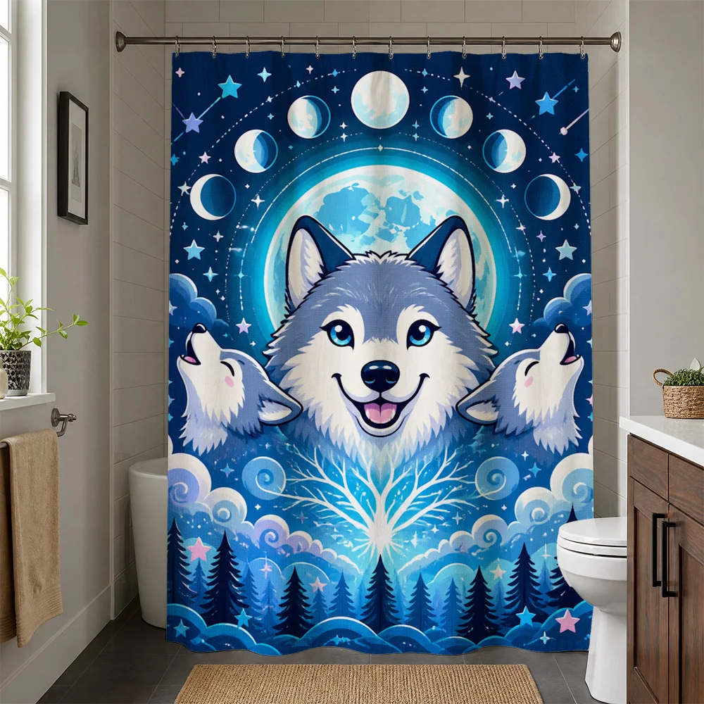 Waterproof Aesthetic Watercolor Blue Wolf Family Celestial Moon Stars Forest Shower Curtain Bathroom Home Decor Print Gift