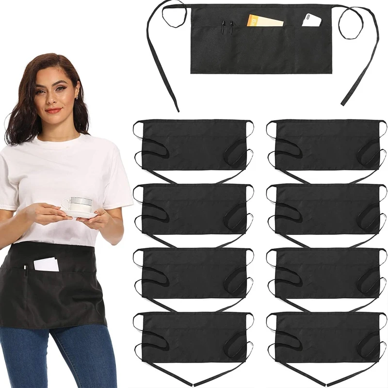 

Women Men Half Waist Apron with 3 Pockets Long Waist Strap Waiter Waitress Server Aprons for Restaurant Kitchen Cafe Pub Home