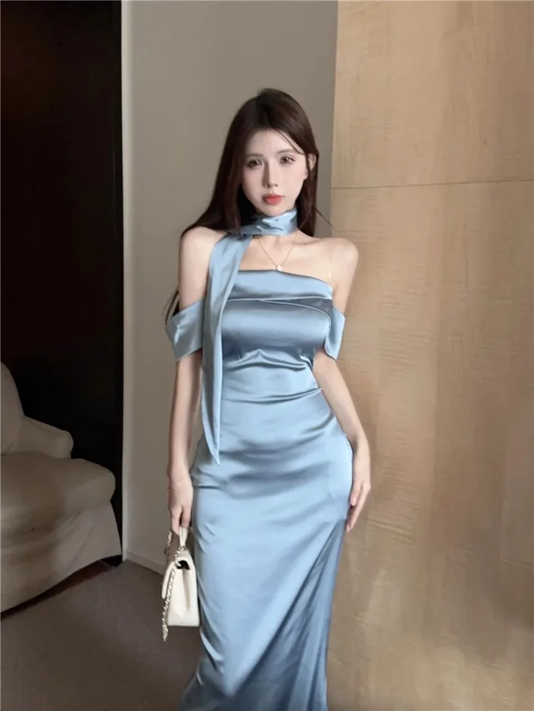 Ezgaga Woman Dress Sexy Ribbon Bandage Elegant Sleeveless Off Shoulder Slash Neck Slim Backless Elegant Party Dresses Female