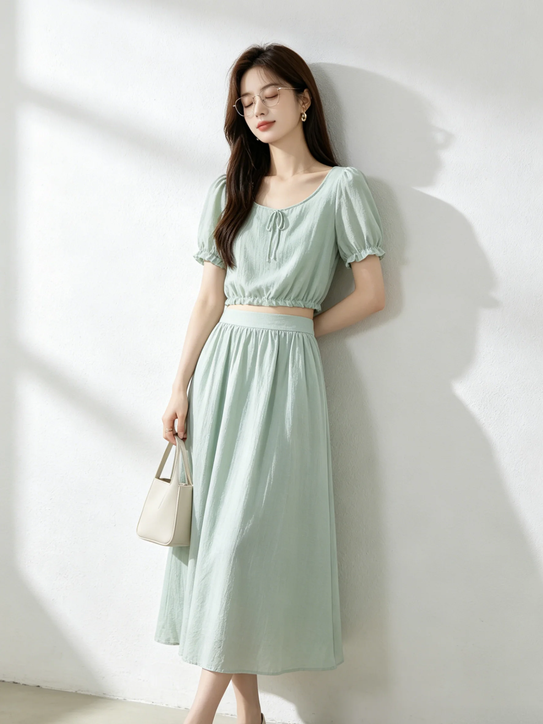 

Elegant Short Bubble Sleeve Shirt And Skirt Set Sweet Youthful Slimming High Waist Korean Style Fashionable Summer Outfit