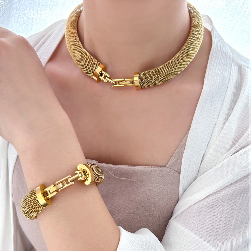 

High-Quality Stainless Steel 316L Wide Version Necklace Bracelet 18K PVD Coating Metal Texture Personalized Jewelry