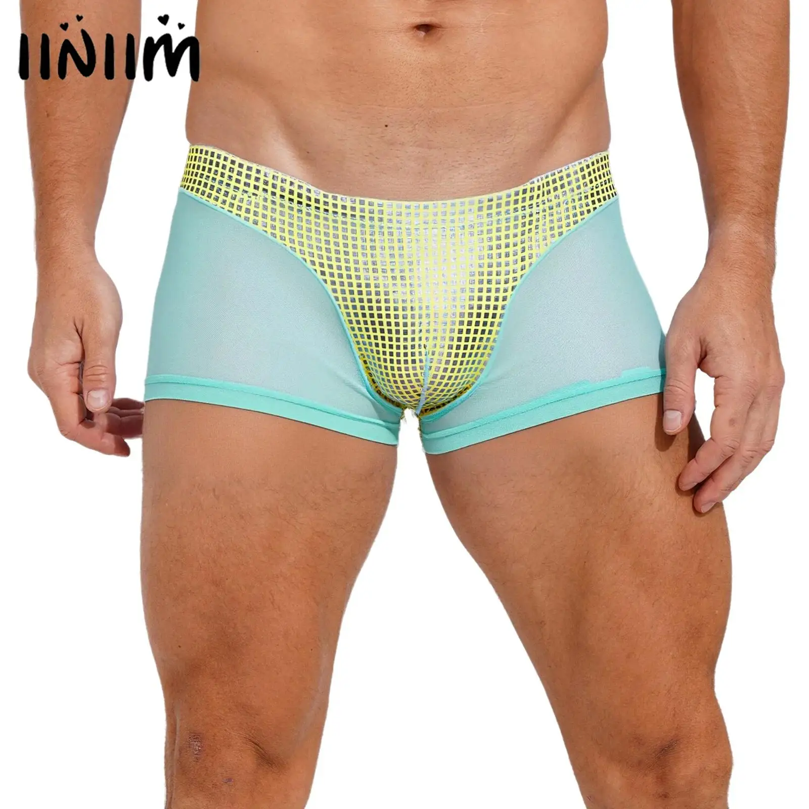 

Мужские блестящие боксеры металлик, короткие клетчатые и сетчатые лоскутные шорты, плавки, дышащие трусы, нижнее белье для пляжного клуба, вечеринки