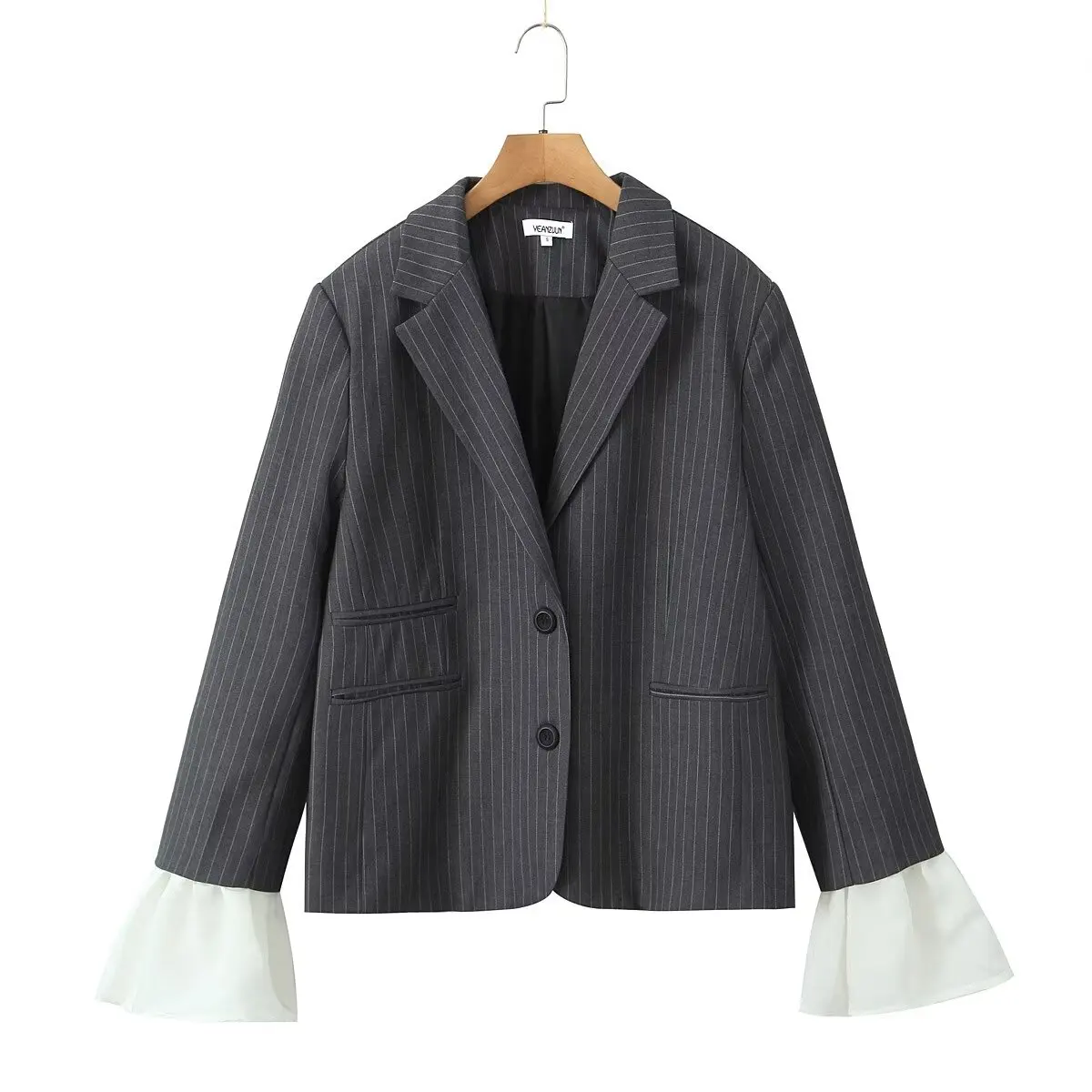 2024 Chill Gray Striped Removable Flare Cuff Blazer Boyfriend Vintage Women Notched Collar Loose Suit Fashion Coat Black