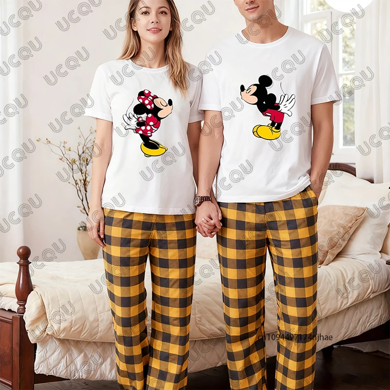 

2026 Спортивный костюм с принтом Микки и Минни для мужчин, футболка + клетчатая пижама, комплекты брюк, повседневный парный костюм, домашняя одежда, комплект из 2 предметов