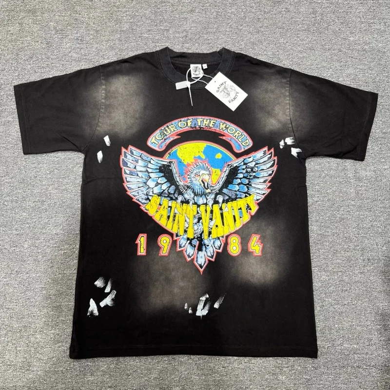 Y2K Retro Rock Band T-Shirt Distressed Eagle Globe Print Tour Of The World Unisex Casual Top