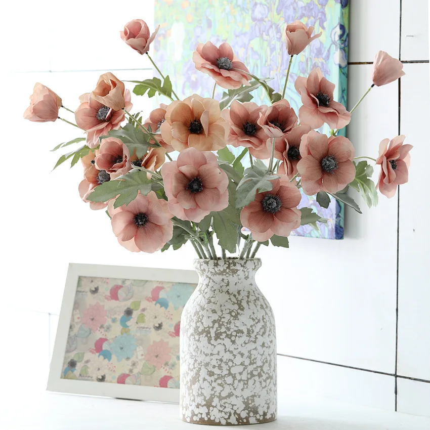4 Stück Handgefertigte, bedruckte 3-köpfige Anemonen aus beflockter Kunstseide für Heimdekoration, Kunstblumen, Hochzeitsblumenarrangements – Detail 7