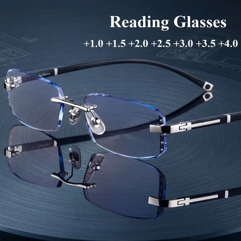 Luxuriöse randlose Lesebrille mit Diamantschliff für Herren, Business-Brille gegen Presbyopie, Damenbrille mit farbwechselndem Acetatrahmen