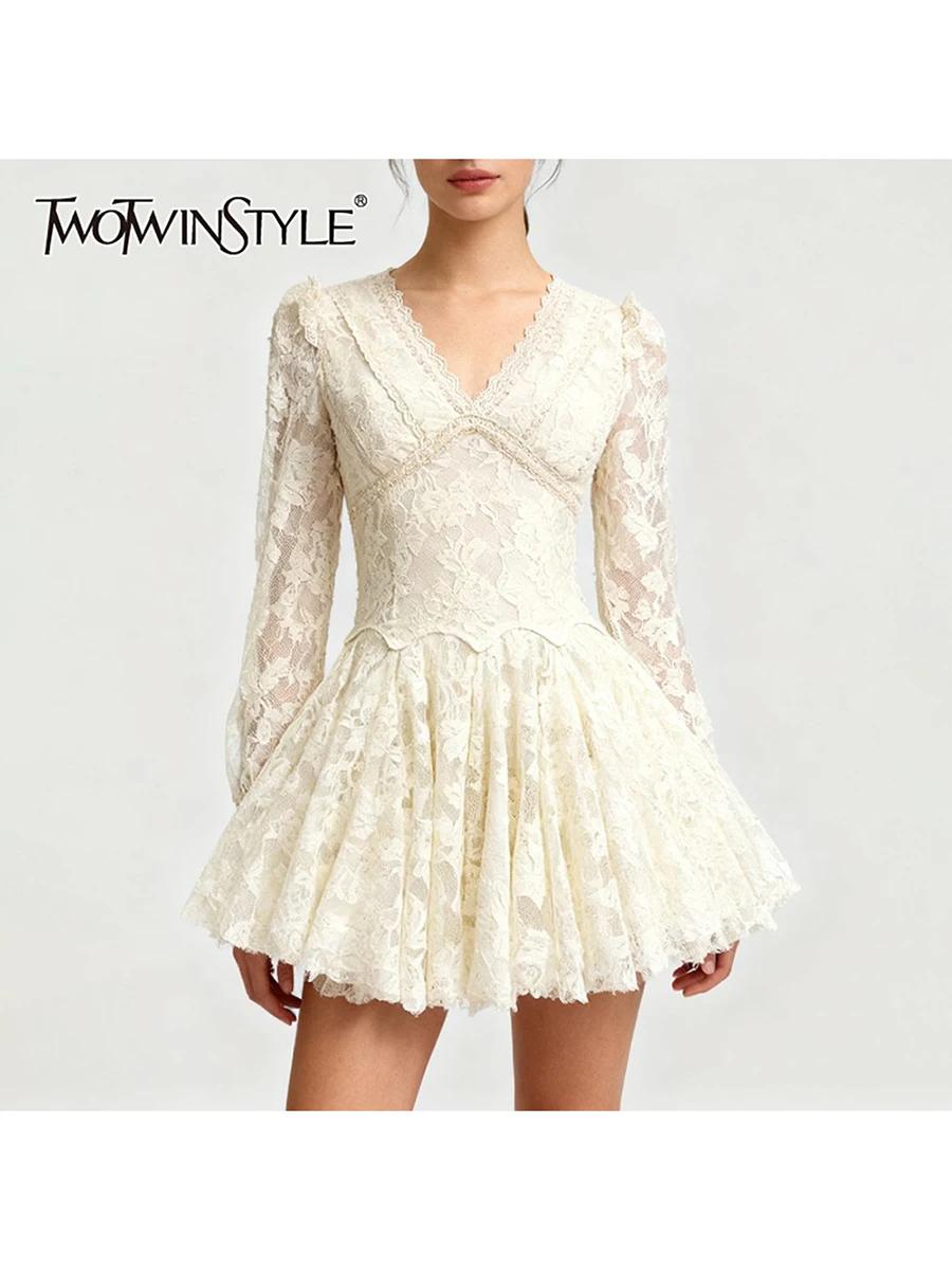TWOTWINSTYLE 우아한 슬림핏 레이스 미니 드레스 여성용 브이넥 긴 소매 하이웨이스트 패치워크 러플 드레스